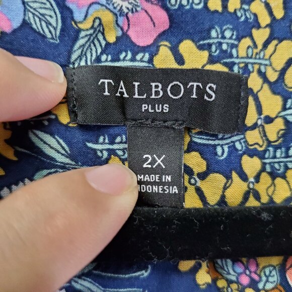 Talbots Top Women’s Size 2X Blue Floral Plus Cotton Button Front Long Sleeve - Picture 2 of 8